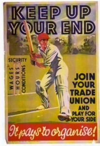 Trade union poster featuring cricketer